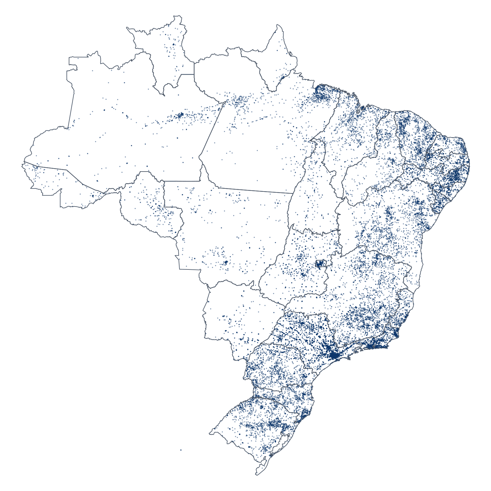 Mapa do Brasil com um ponto por seção da faixa ALTO.